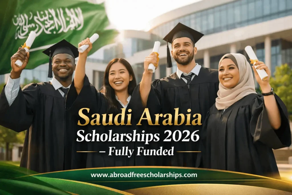 Saudi Arabia Scholarships 2026 fully funded program showing international students celebrating graduation with Saudi flag background