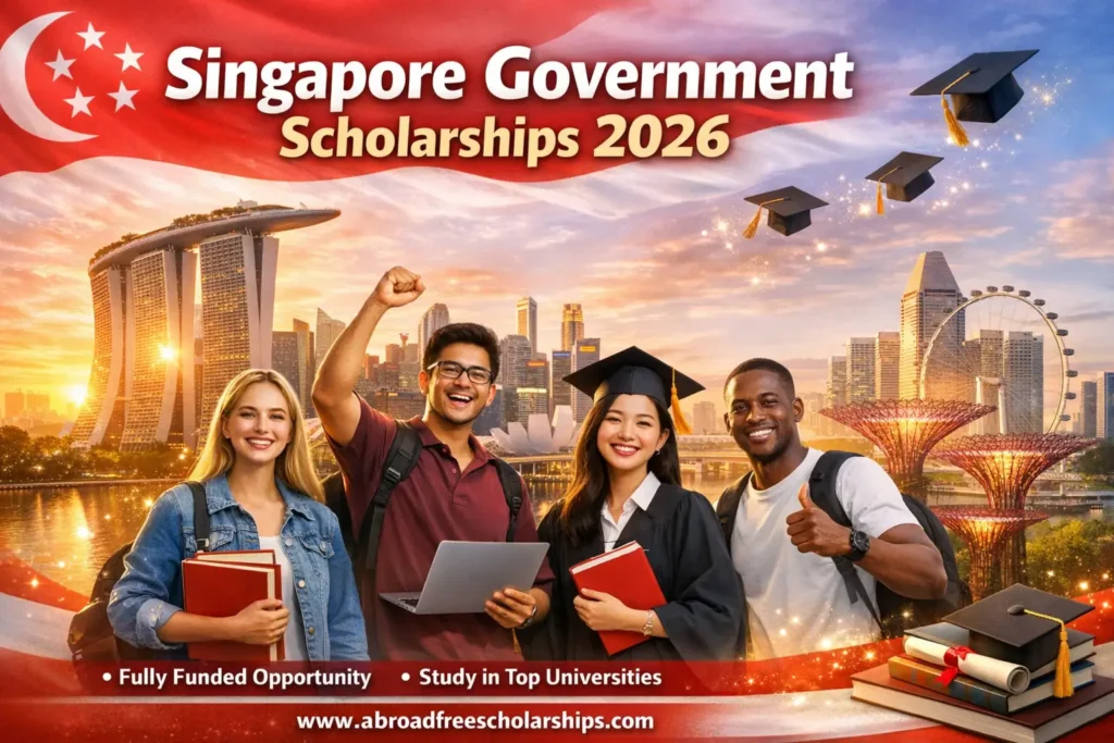 Singapore Government Scholarships 2026 with international students and Singapore skyline Marina Bay Sands fully funded study opportunity