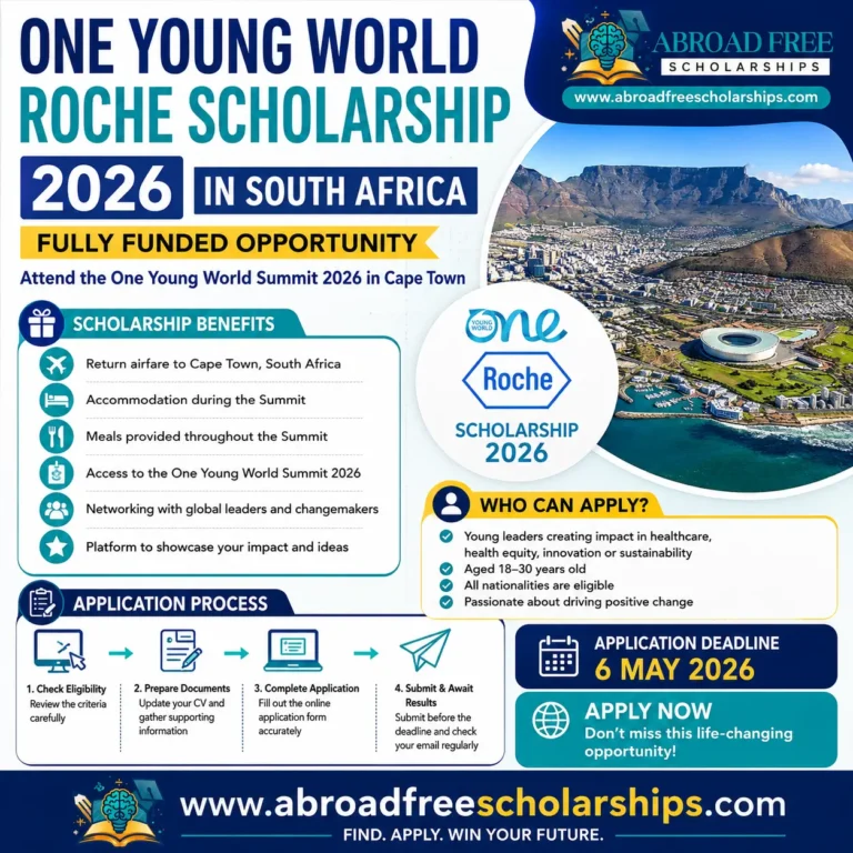 One Young World Roche Scholarship 2026 feature image showing fully funded benefits, eligibility criteria, application process, and deadline for attending the One Young World Summit in Cape Town, South Africa.