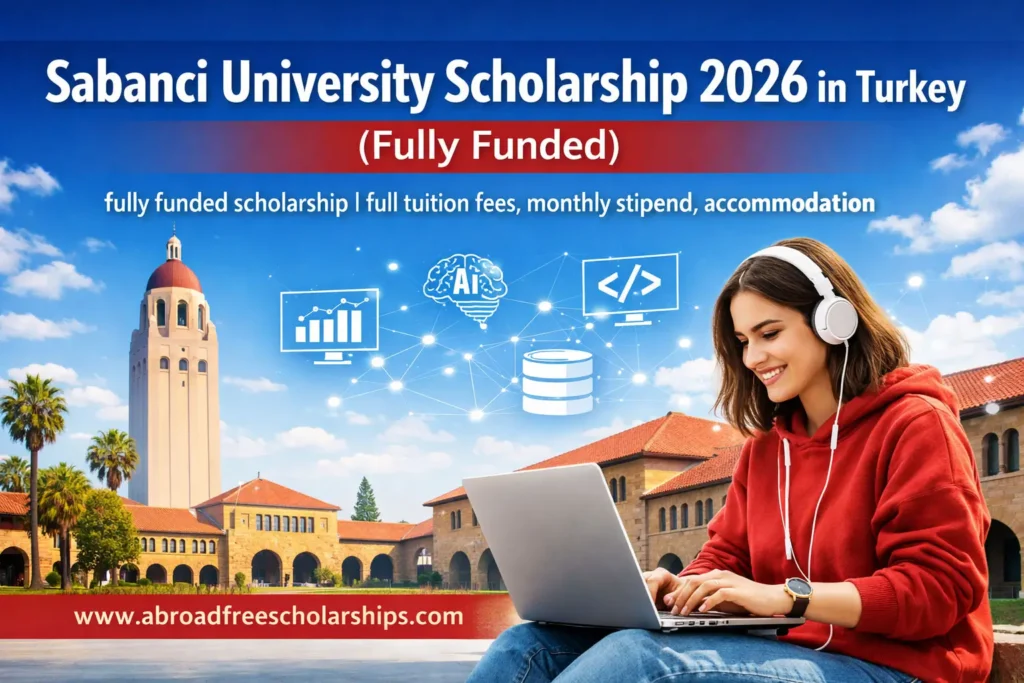 Educational banner showing a student using a laptop in front of a Stanford-style campus background with floating AI and data science icons, promoting Sabancı University Scholarship 2026 in Turkey (Fully Funded) with website www.abroadfreescholarships.com