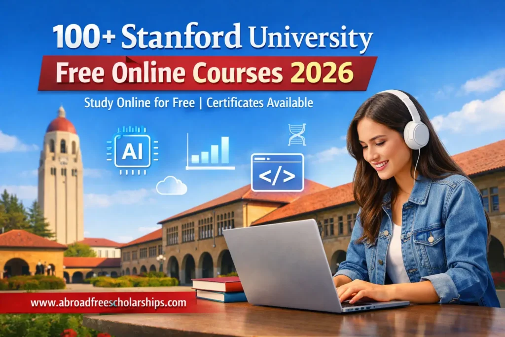Student studying online with laptop at Stanford University campus promoting 100+ free online courses 2026 with certificates available