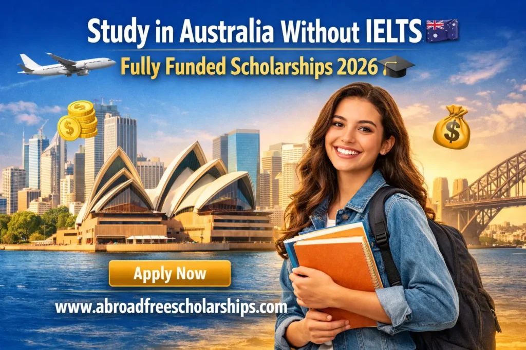 International student smiling with books in front of Sydney Opera House promoting fully funded Australia scholarships 2026 without IELTS, including tuition, stipend, and airfare