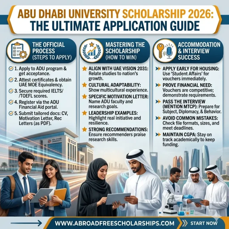 Abu Dhabi University Scholarship 2026 application process, highlighting the official steps to apply, motivation letter tips, accommodation advice, and interview strategies, featuring diverse international and Emirati students against the Abu Dhabi skyline.