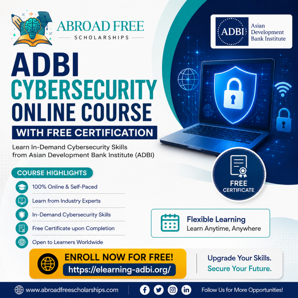 ADBI Cybersecurity online course with free certification promotional banner created by Abroad Free Scholarships, featuring course highlights and enrollment link.