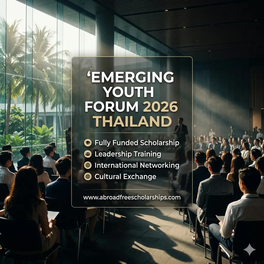 Emerging Youth Forum 2026 in Thailand showing a professional conference setting with key benefits like Fully Funded Scholarship and Leadership Training.