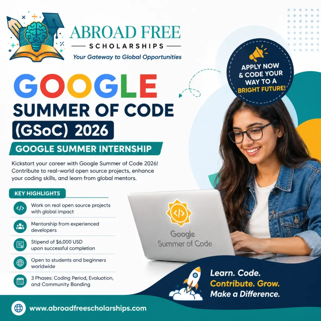 Google Summer of Code GSoC 2026 internship feature image with student coding, mentorship highlights, and Abroad Free Scholarships branding.