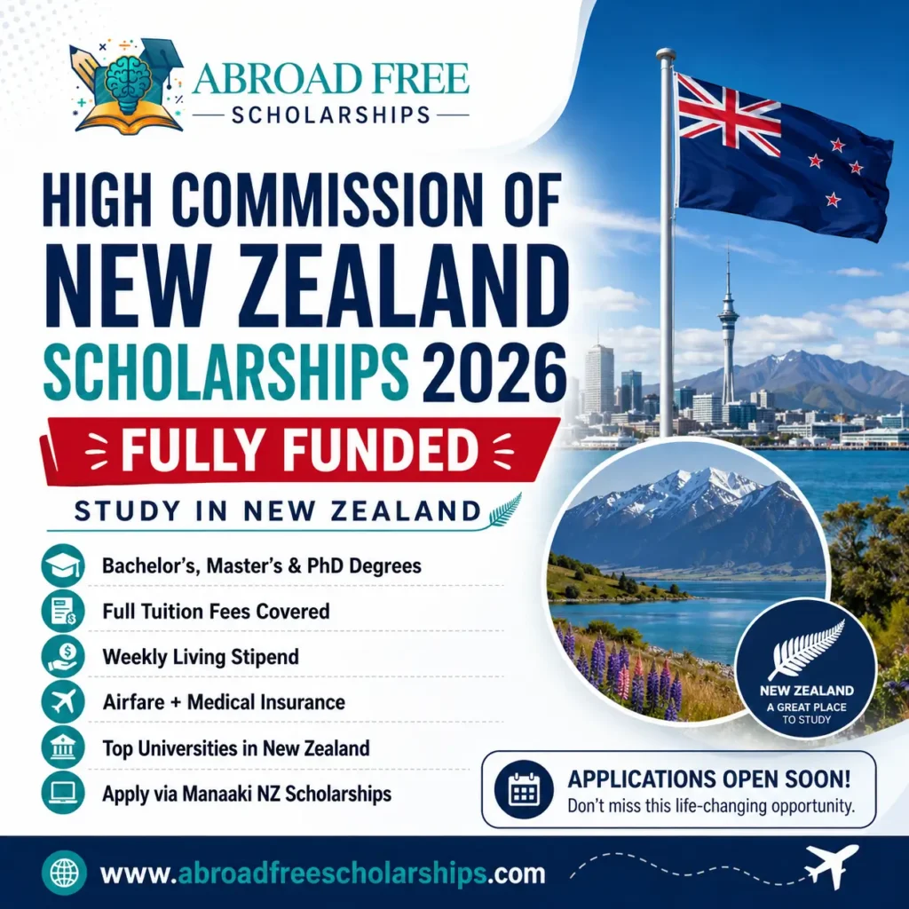 High Commission of New Zealand Scholarships 2026 fully funded scholarship poster for international students to study Bachelor's, Master's, and PhD programs in New Zealand.