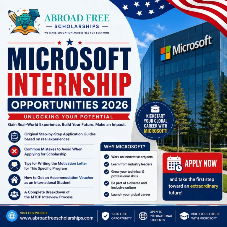 Microsoft Internship Opportunities 2026 feature image showing Microsoft headquarters, internship benefits, application guide highlights, and opportunities for international students with Abroad Free Scholarships branding.