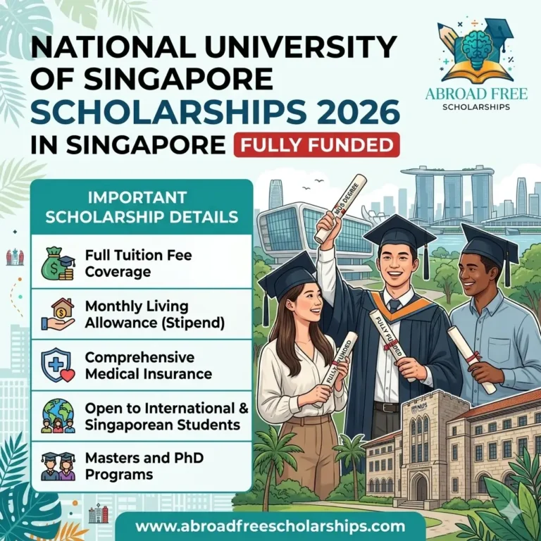 National University of Singapore Graduate Scholarships 2026 showing diverse students in graduation attire holding degrees against a Singapore campus backdrop, featuring the Abroad Free Scholarships logo and key benefits.