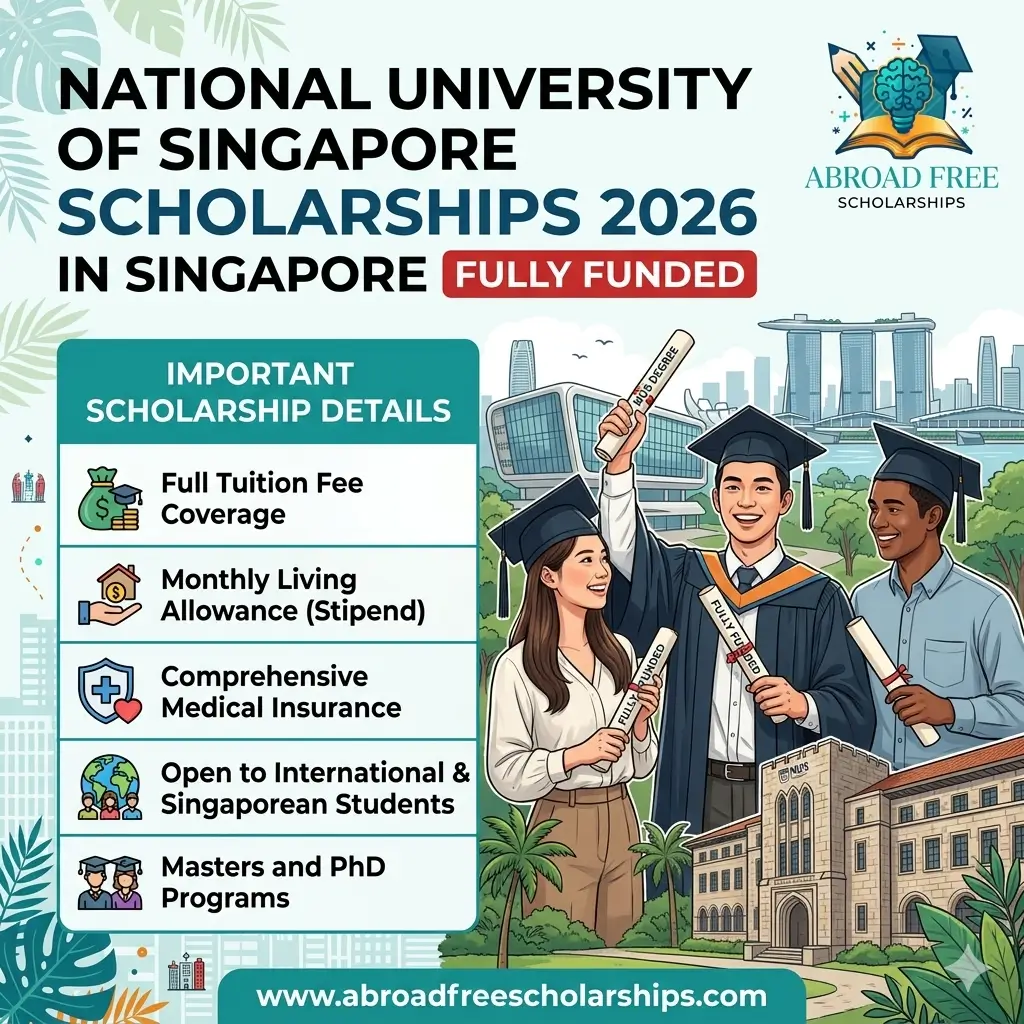 National University of Singapore Graduate Scholarships 2026 showing diverse students in graduation attire holding degrees against a Singapore campus backdrop, featuring the Abroad Free Scholarships logo and key benefits.