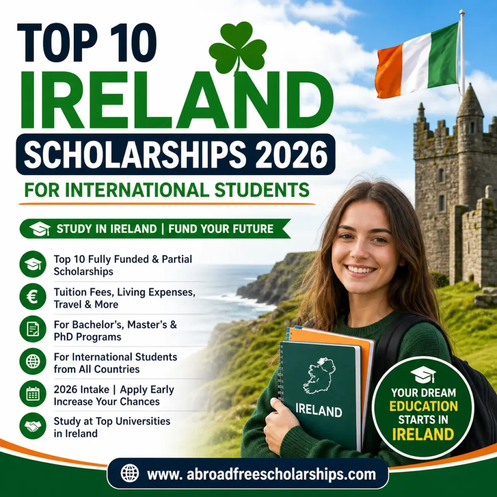 Top 10 Ireland Scholarships 2026 for International Students – infographic with key scholarship benefits, Irish flag, student graphic, and branding from abroadfreescholarships.com.
