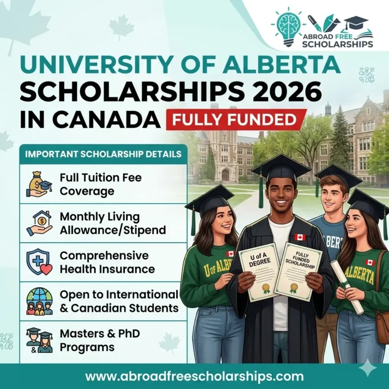 Infographic for University of Alberta Graduate Scholarships 2026 showing diverse students in graduation gowns on campus holding degrees, featuring the Abroad Free Scholarships logo and key scholarship coverage details.