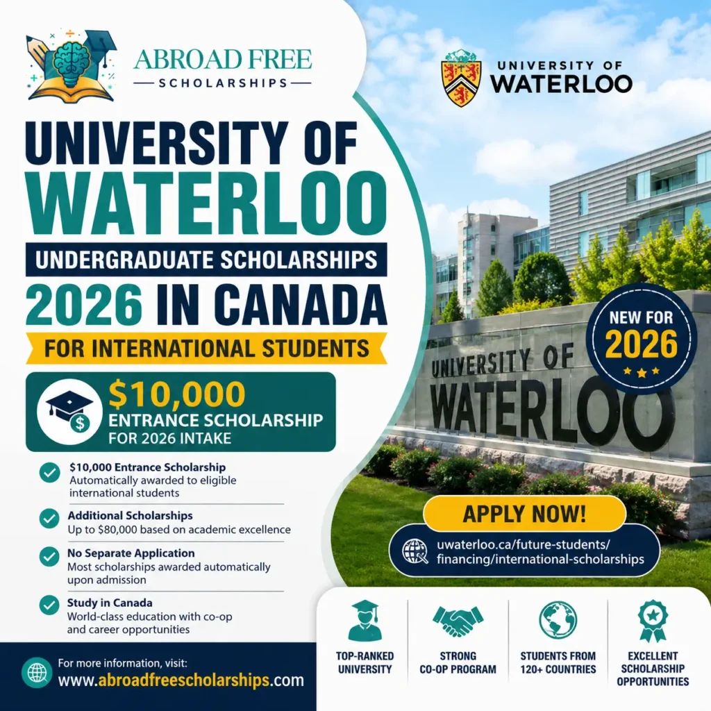 University of Waterloo Scholarships 2026 in Canada for international students showing $10,000 entrance scholarship and key benefits