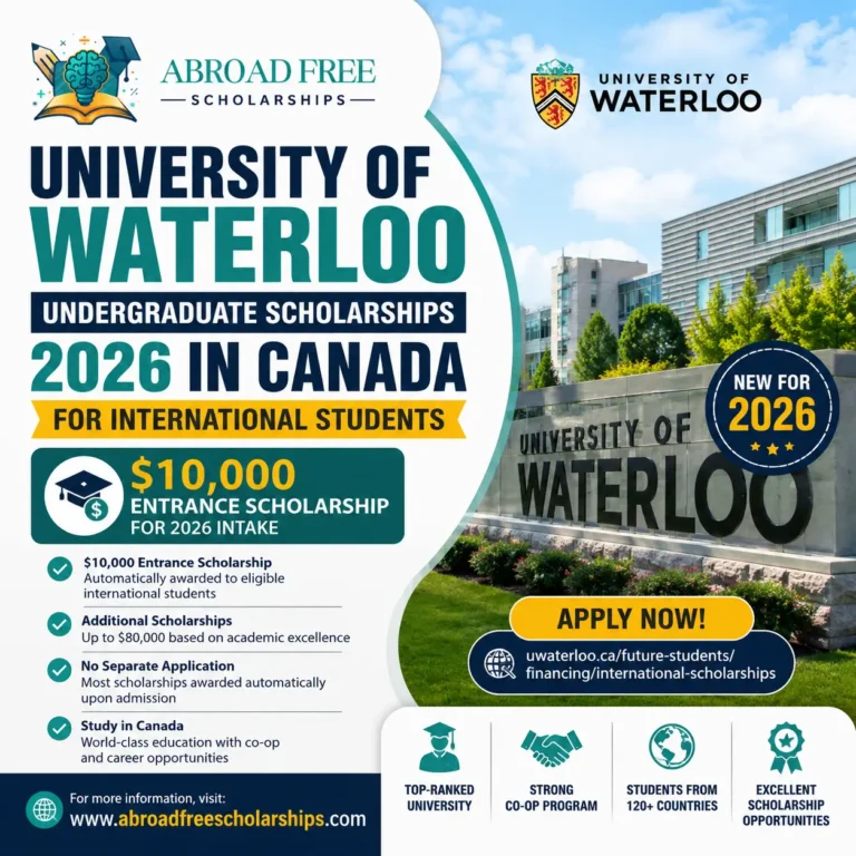 University of Waterloo Scholarships 2026 in Canada for international students showing $10,000 entrance scholarship and key benefits