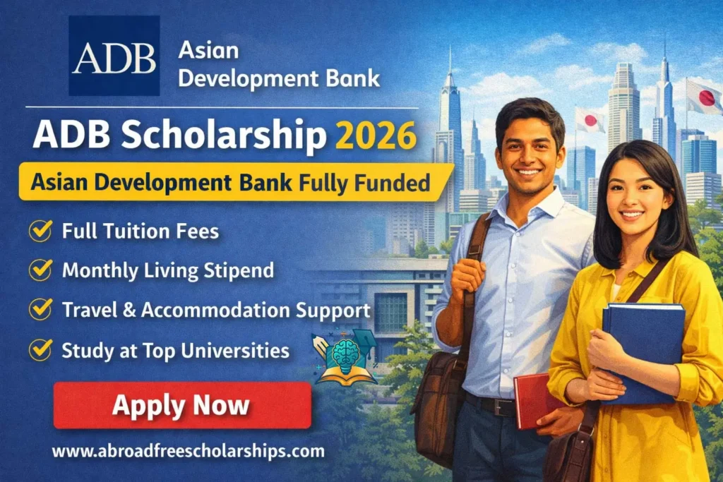 ADB Scholarship 2026 banner showing international students promoting the Asian Development Bank fully funded scholarship for master’s studies in Asia.