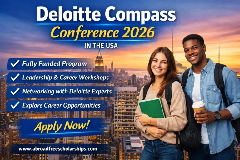 Students standing in front of a city skyline promoting the Deloitte Compass Conference 2026, highlighting fully funded benefits, workshops, networking, and career opportunities