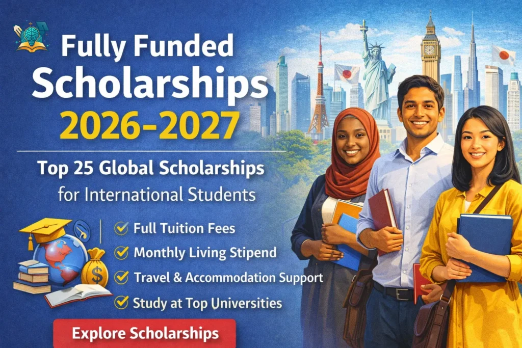 Fully Funded Scholarships 2026-2027 banner featuring international students and global landmarks promoting top 25 scholarships for international students worldwide.