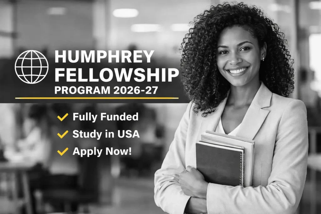 Black and white portrait of a professional smiling woman holding books, used as the feature banner for the Humphrey Fellowship Program 2026-27