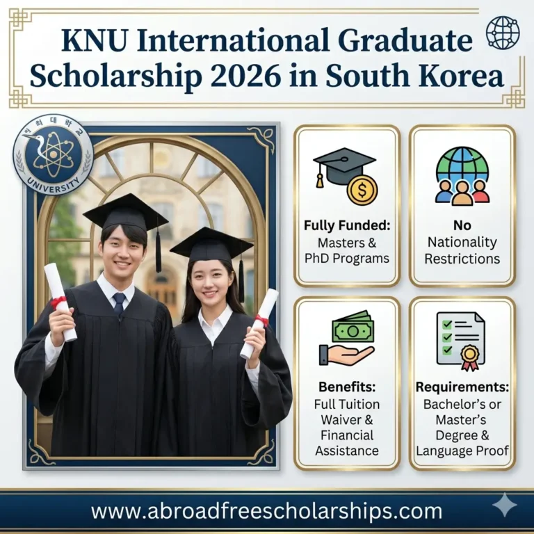 Professional scholarship poster showing two Korean university students in graduation gowns holding degree folders, with text about the KNU International Graduate Scholarship 2026 in South Korea, key benefits, and the brand name www.abroadfreescholarships.com