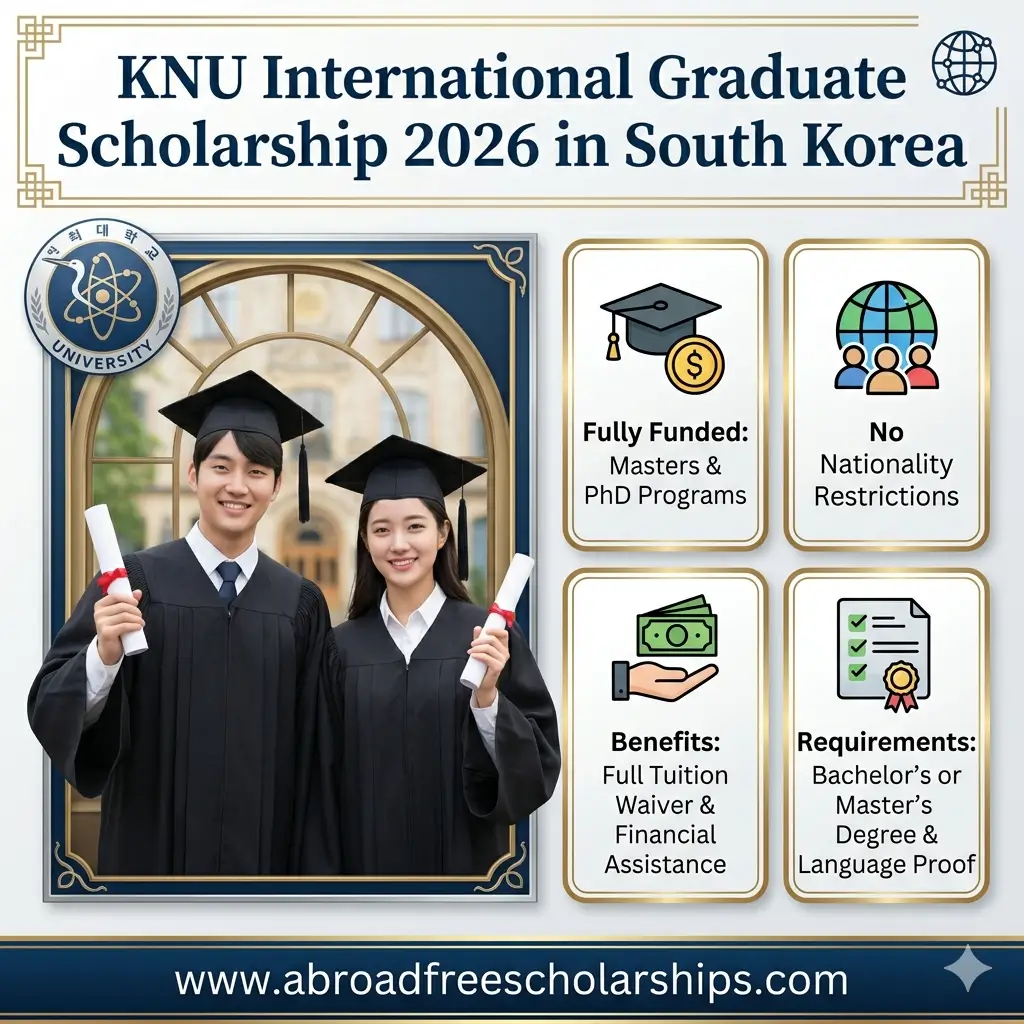 Professional scholarship poster showing two Korean university students in graduation gowns holding degree folders, with text about the KNU International Graduate Scholarship 2026 in South Korea, key benefits, and the brand name www.abroadfreescholarships.com