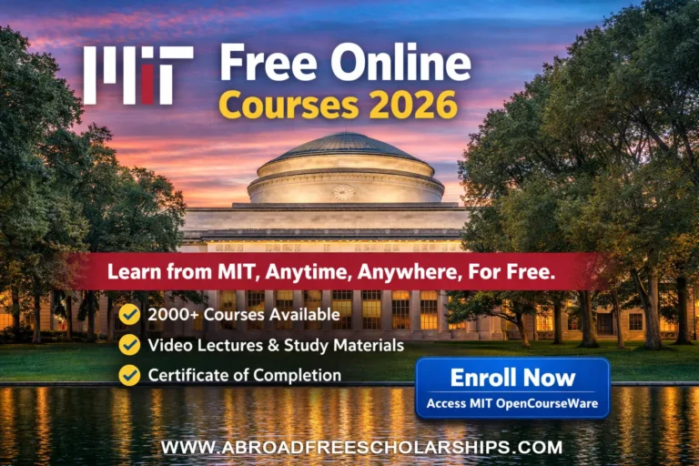 MIT Free Online Courses 2026 banner showing MIT dome with course highlights and Enroll Now button