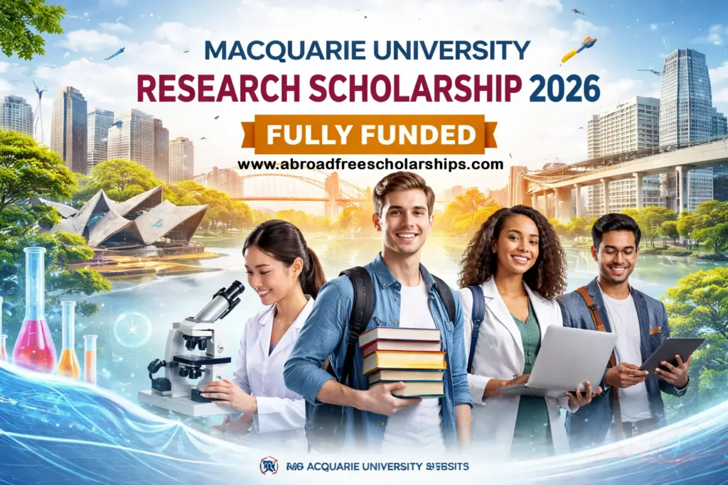 International students collaborating in a research environment with Australian landmarks and Macquarie University campus, representing the fully funded Macquarie University Research Scholarship 2026.