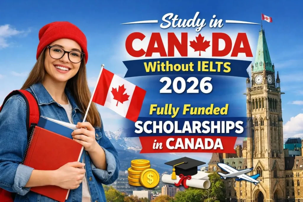 Study in Canada without IELTS 2026 feature image showing student holding Canadian flag with text about fully funded scholarships in Canada.