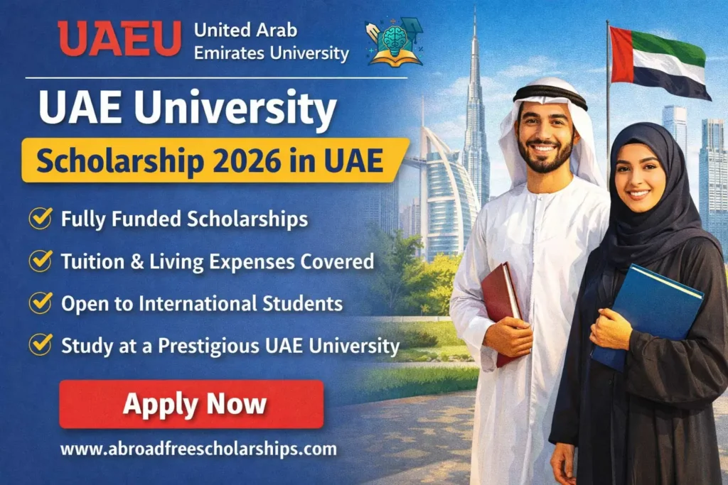 UAE University Scholarship 2026 banner featuring Emirati male and female students in traditional dress with Dubai skyline promoting fully funded scholarships for international students.