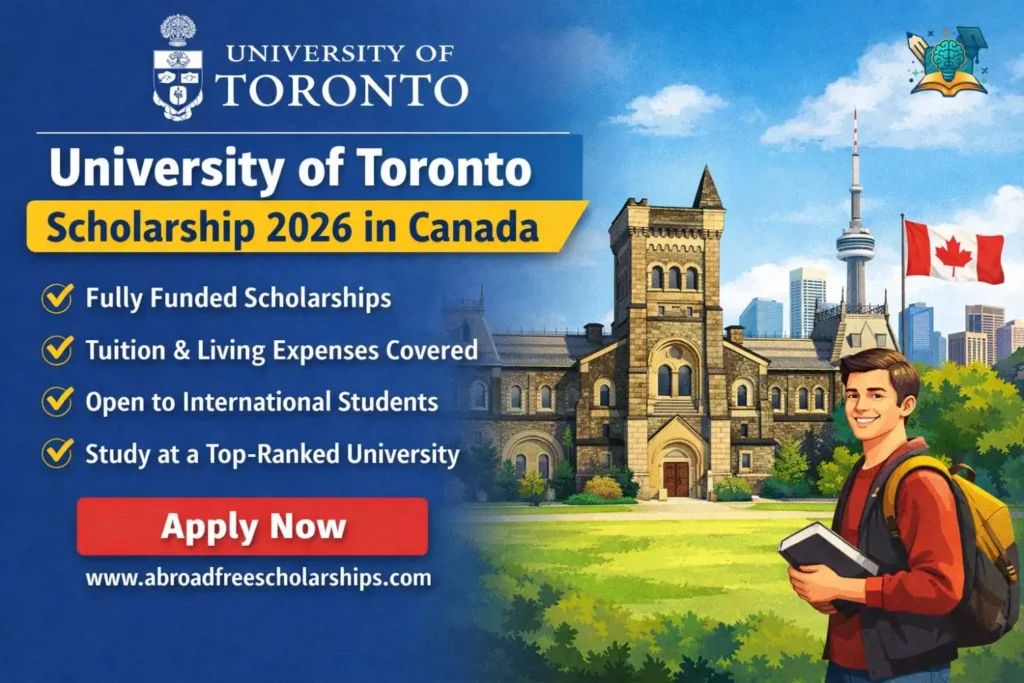 University of Toronto Scholarship 2026 in Canada promotional banner showing campus building, Canadian flag, and international student highlighting fully funded study opportunities.