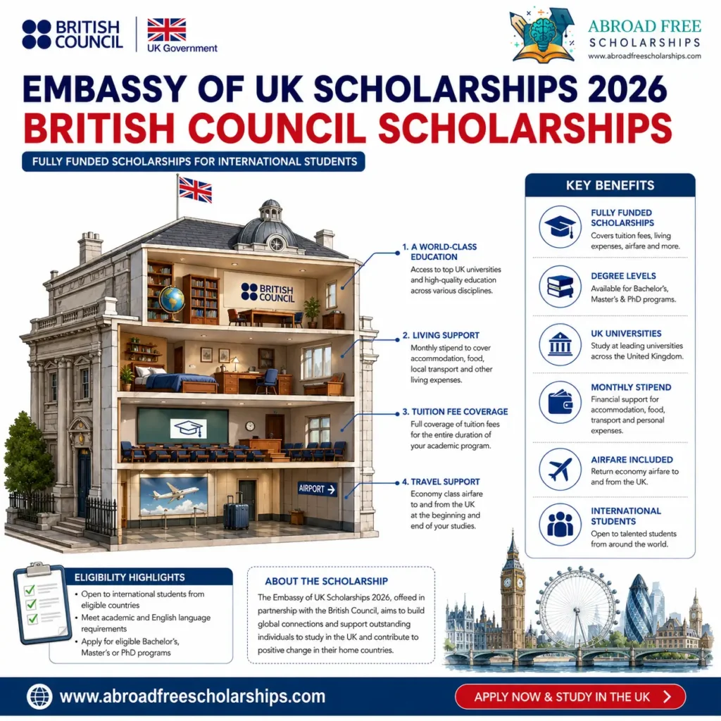 Educational cutaway infographic of the Embassy of UK Scholarships 2026 and British Council Fully Funded Scholarships showing tuition coverage, monthly stipend, airfare, UK universities, and international student benefits.