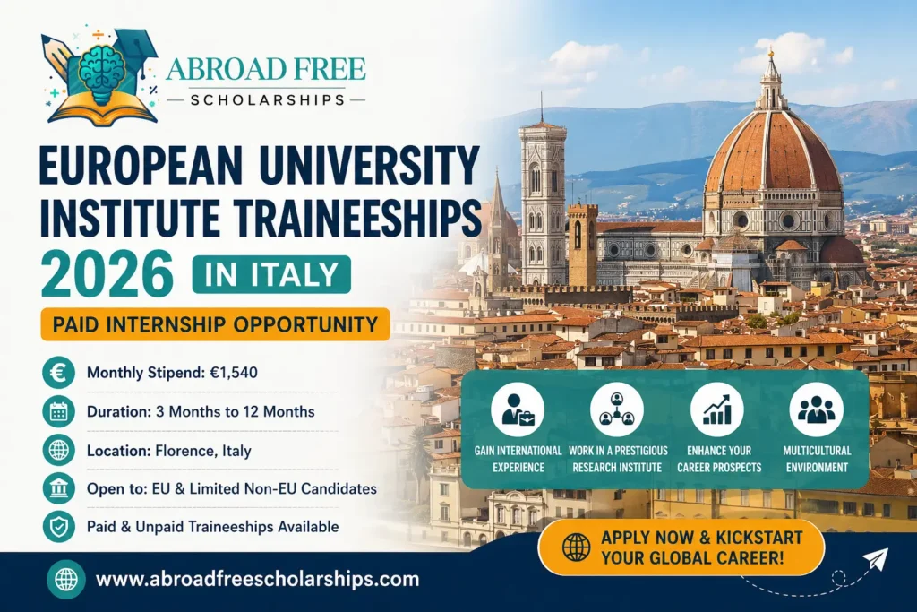 European University Institute Traineeships 2026 in Italy feature image showing stipend, internship details, and benefits with AbroadFreeScholarships branding.