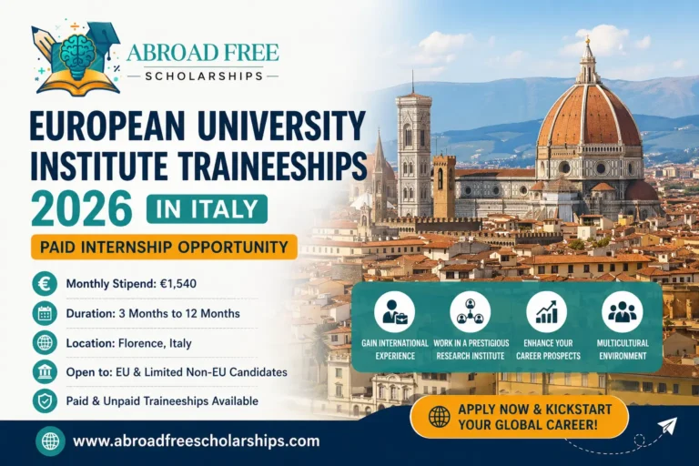 European University Institute Traineeships 2026 in Italy feature image showing stipend, internship details, and benefits with AbroadFreeScholarships branding.