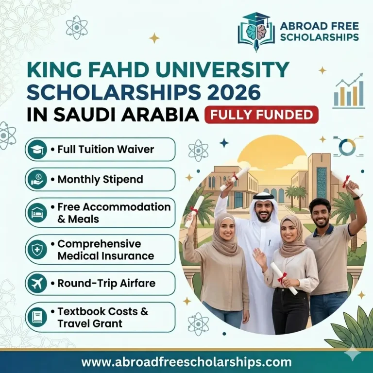 King Fahd University Scholarships 2026 in Saudi Arabia, which are FULLY FUNDED. The graphic details a list of benefits including Full Tuition Fee Coverage, Monthly Stipend, Free Accommodation & Meals, Comprehensive Medical Insurance, Round-Trip Airfare, and Textbook Costs & Travel Grant. A diverse group of four happy students in graduation caps and gowns hold degree scrolls, with one student in traditional Arab dress.