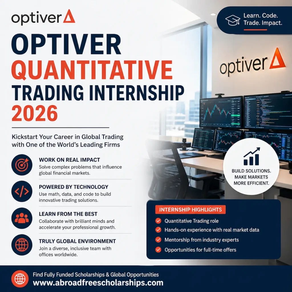 Feature image for Optiver Quantitative Trading Internship 2026 with key benefits and highlights, created by AbroadFreeScholarships.com
