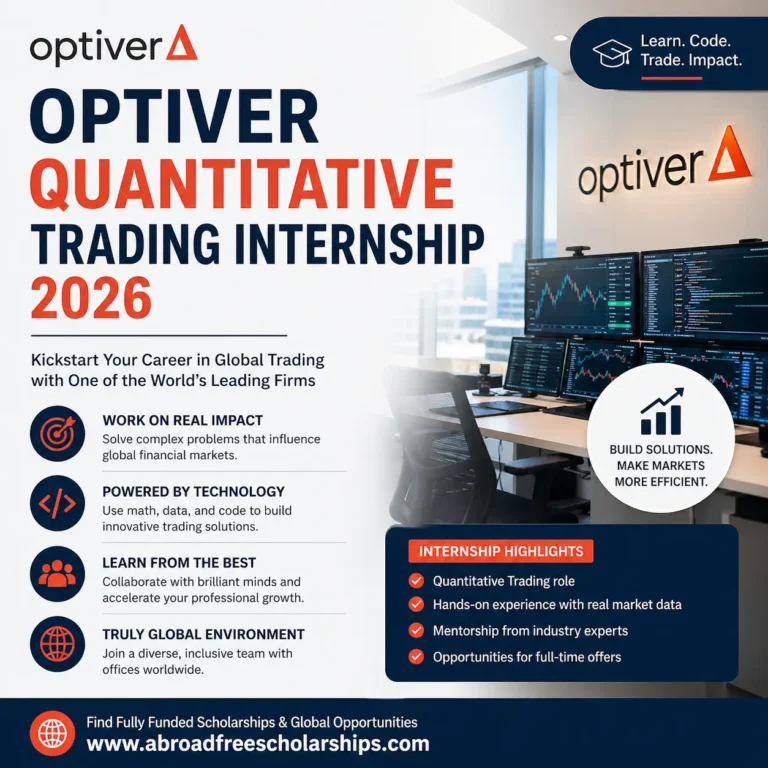 Feature image for Optiver Quantitative Trading Internship 2026 with key benefits and highlights, created by AbroadFreeScholarships.com