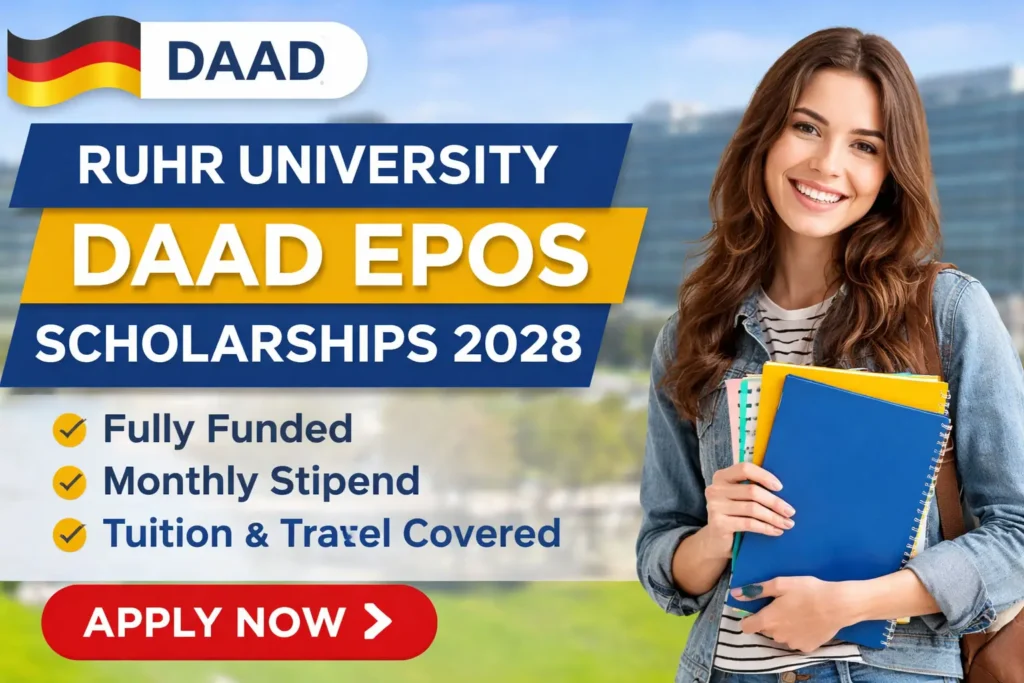 Student promoting Ruhr University DAAD EPOS Scholarships 2028 – fully funded master’s program in Germany