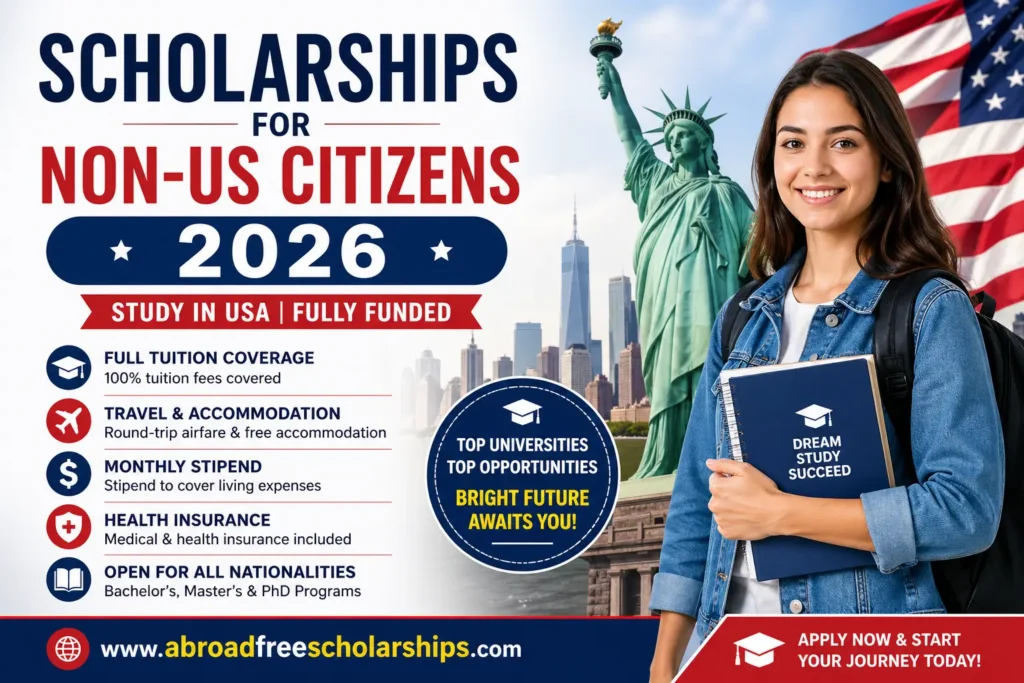 Scholarships for Non-US Citizens 2026 feature image showing key benefits such as full tuition coverage, airfare, stipend, health insurance, and study in USA opportunities.