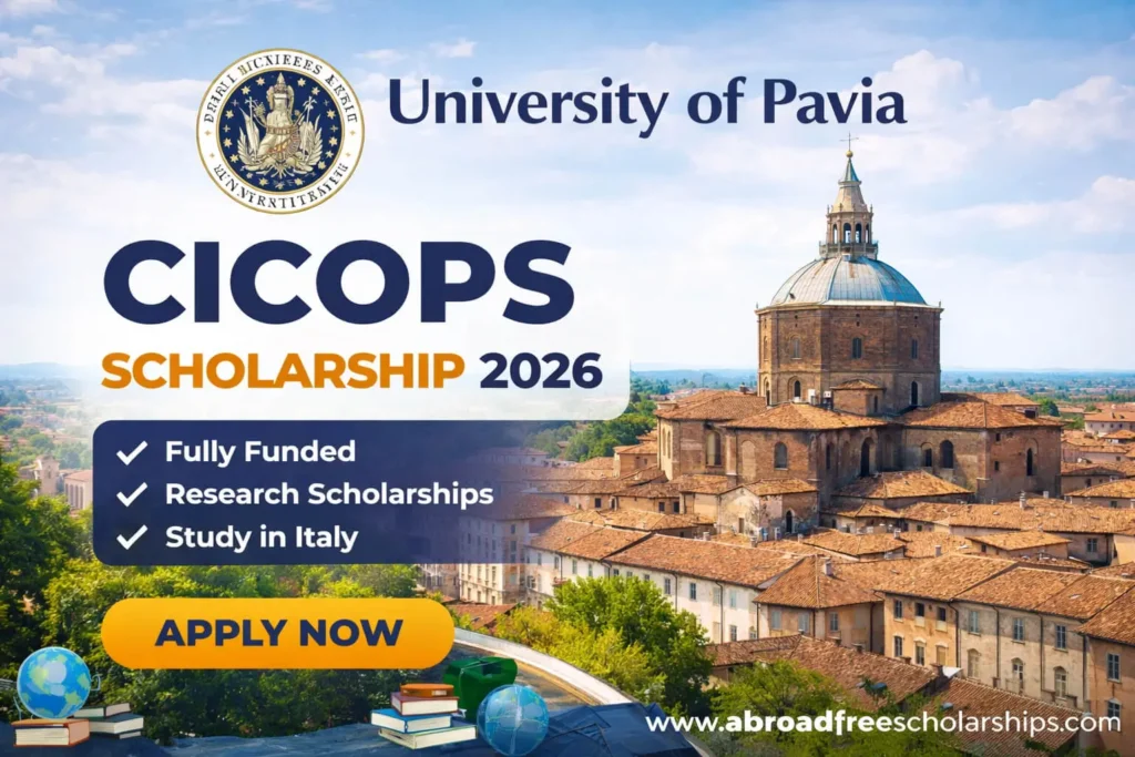 University of Pavia CICOPS Scholarship 2026 showing Pavia cityscape with scholarship information, Apply Now button, and program highlights.