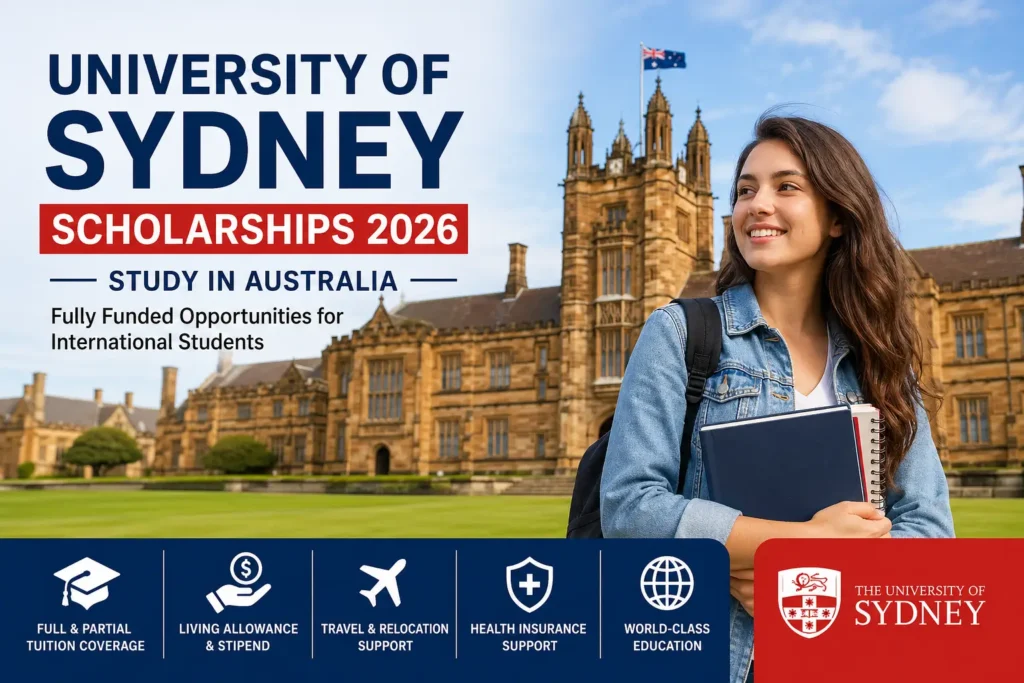 University of Sydney Scholarships 2026 banner showing international student on campus in Australia with fully funded study opportunities