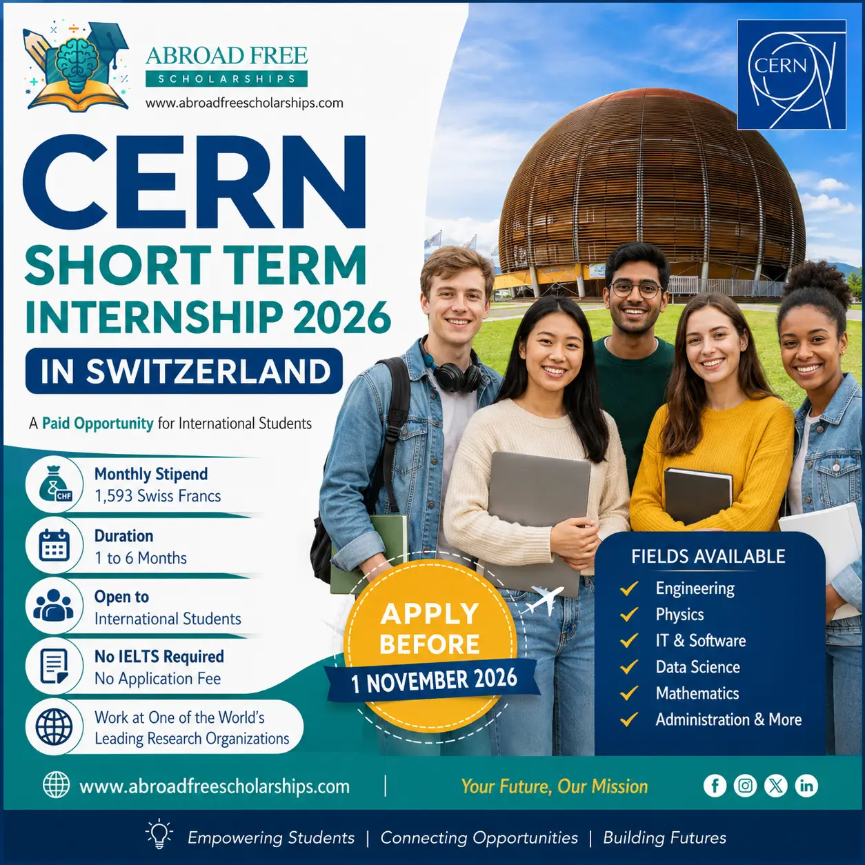 CERN Short Term Internship 2026 in Switzerland paid internship feature image showing international students with CERN background and internship details