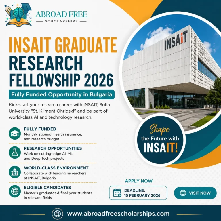 INSAIT Graduate Research Fellowship 2026 with academic icons and vibrant colors.