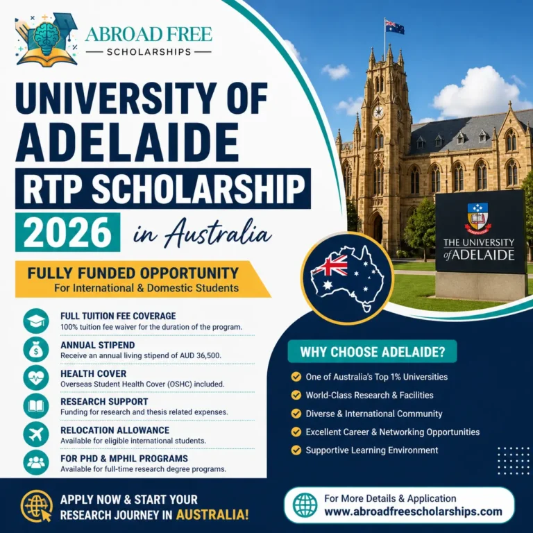 University of Adelaide RTP Scholarship 2026 fully funded scholarship in Australia for international students with tuition fees, stipend, and research support.