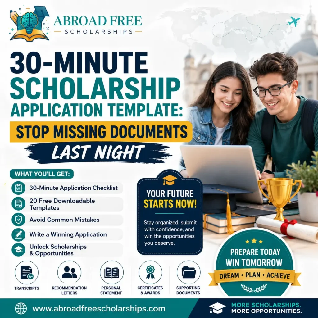 Students preparing scholarship applications with a 30-minute checklist, free templates, and tips to avoid common mistakes for winning scholarships in 2026.