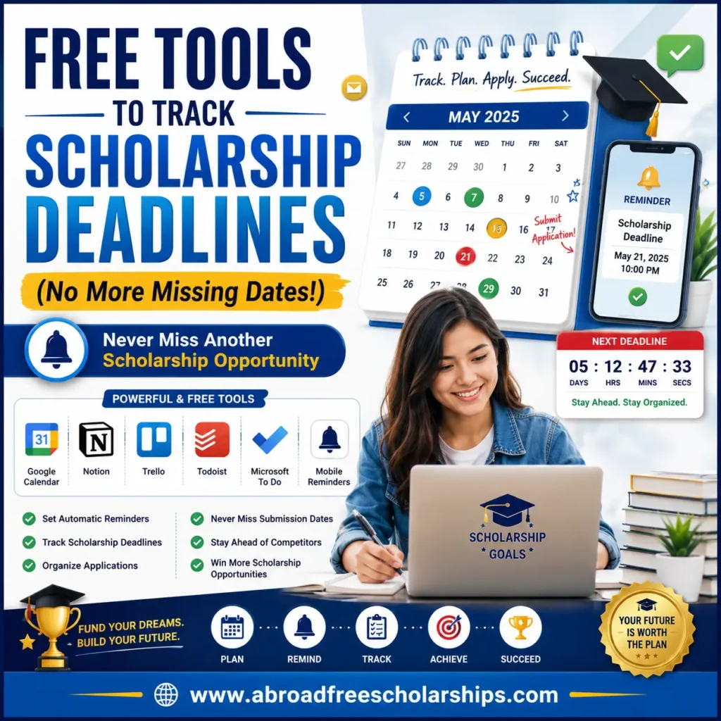 Student using free digital tools including Google Calendar, Notion, Trello, Todoist, and Microsoft To Do to track scholarship deadlines, organize applications, and avoid missing important scholarship submission dates.