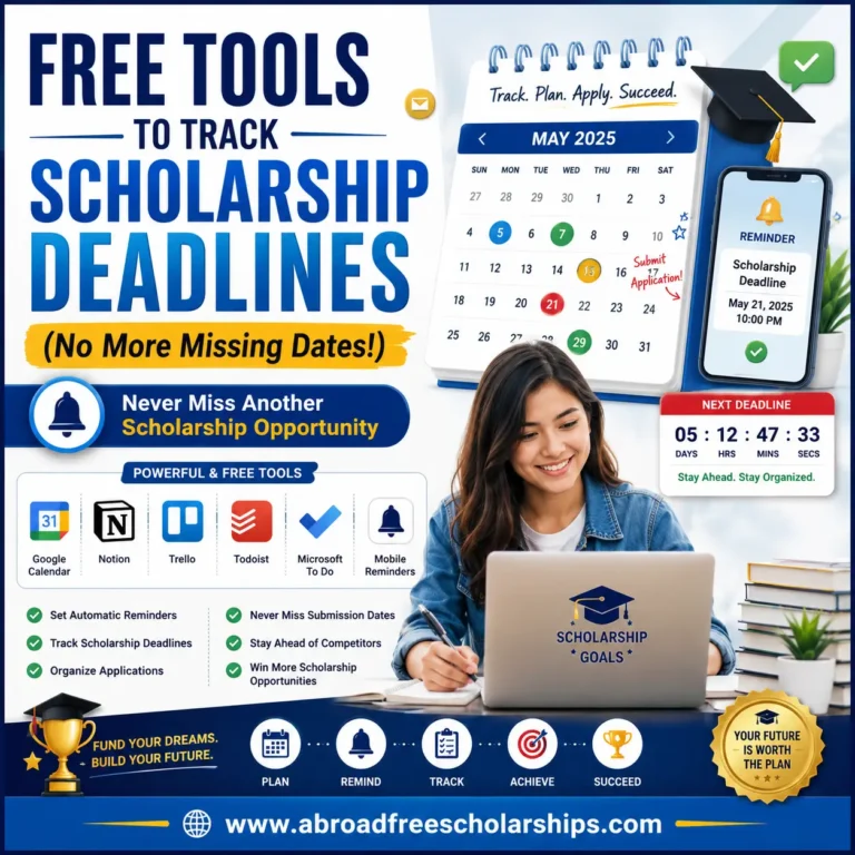 Student using free digital tools including Google Calendar, Notion, Trello, Todoist, and Microsoft To Do to track scholarship deadlines, organize applications, and avoid missing important scholarship submission dates.