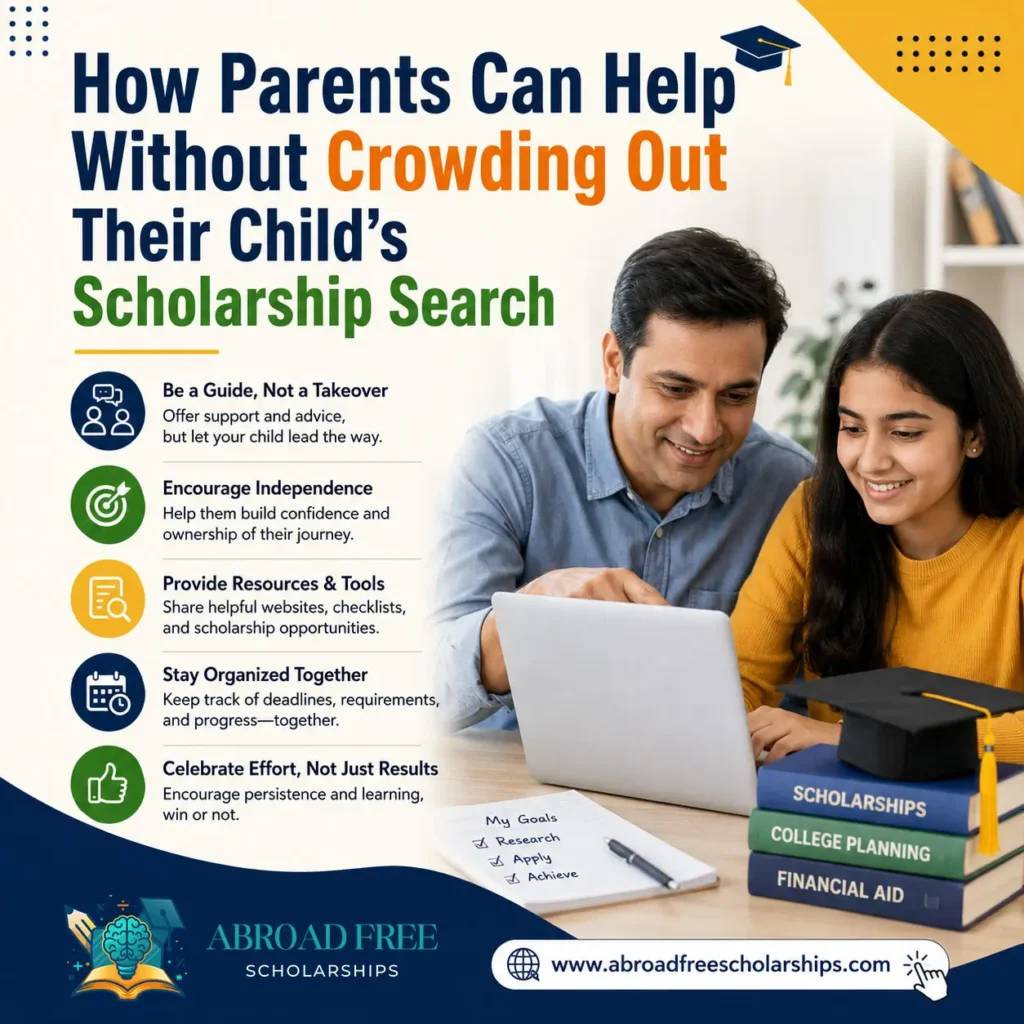 Parent and student reviewing scholarship opportunities together while maintaining student independence during the scholarship search process.