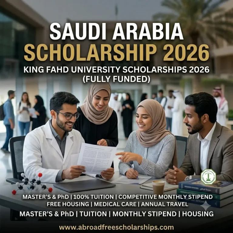 Arab students collaborating with technical documents and molecular models on a university campus, with text overlay for King Fahd University Scholarships 2026 and list of fully-funded benefits.