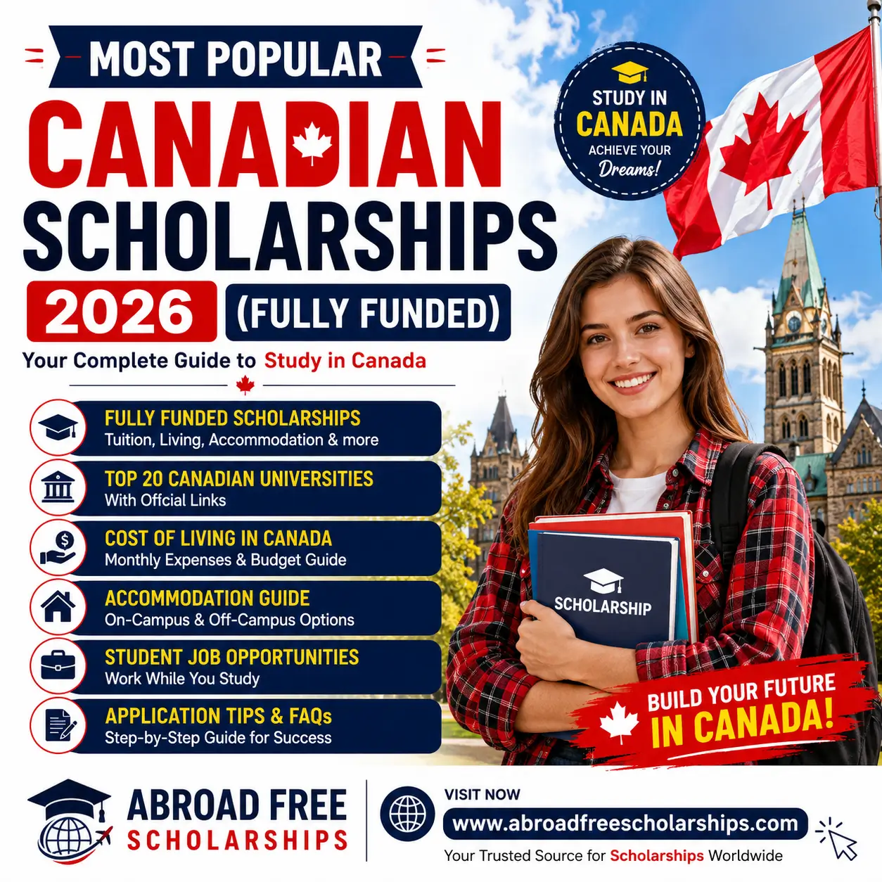 Most Popular Canadian Scholarships 2026 (Fully Funded) feature image showing study in Canada opportunities, top Canadian universities, student accommodation, living costs, and scholarship benefits for international students.
