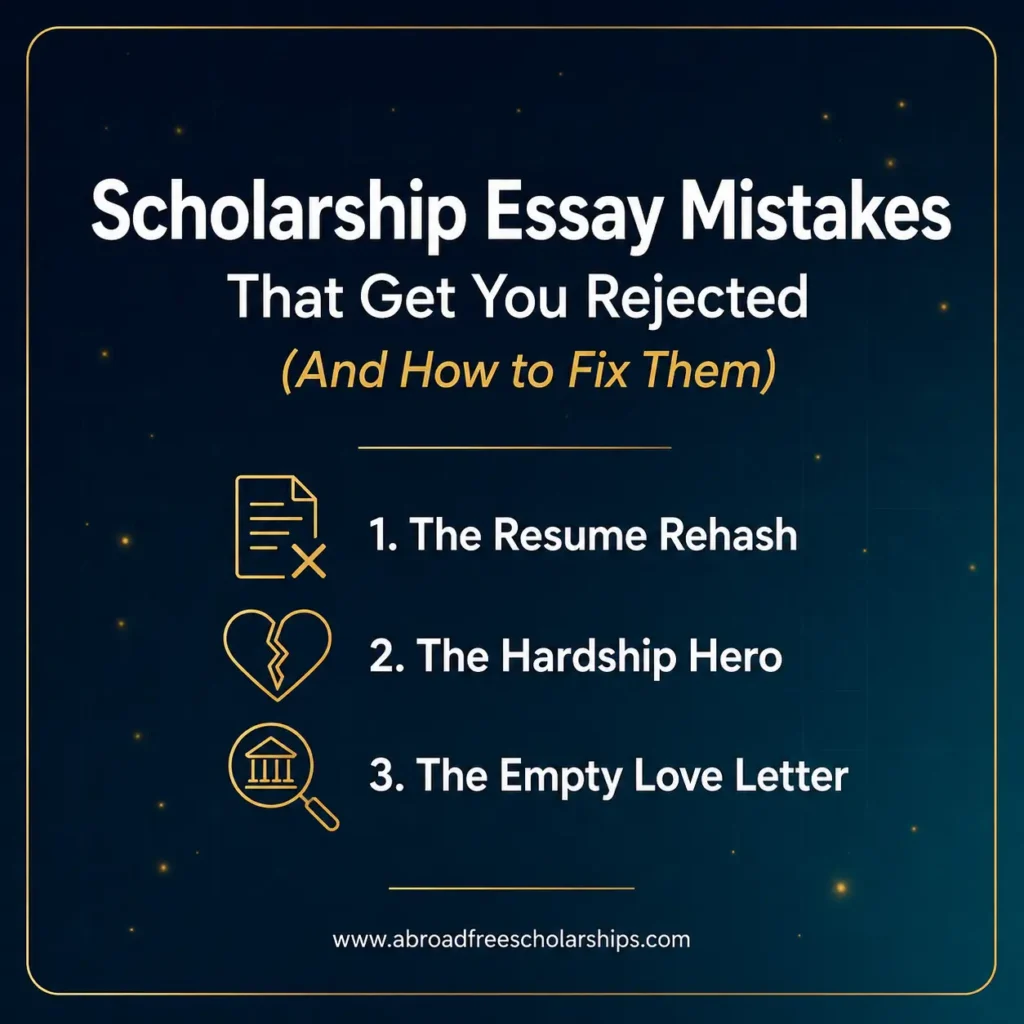 Scholarship Essay Mistakes That Get You Rejected" with three common essay errors: Resume Rehash, Hardship Hero, and Empty Love Letter.