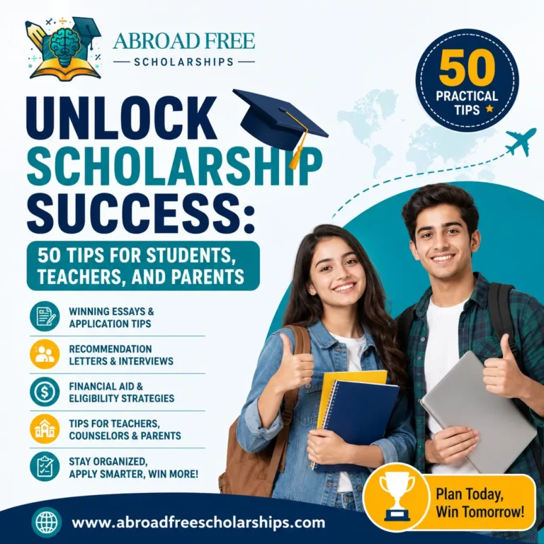 Educational infographic titled "Unlock Scholarship Success: 50 Tips for Students, Teachers, and Parents" featuring scholarship application tips, students, and Abroad Free Scholarships branding.